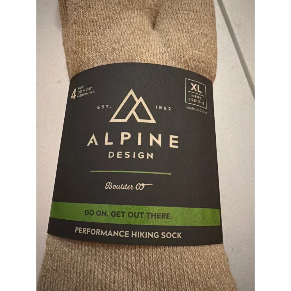 Alpine Design Mens 4‎ Pair XL Performance Hiking Sock Crew Cut Medium Wt 13-15